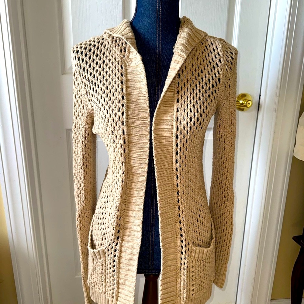 Michael Kors Women's Beige Cotton Cardigan Hooded Sweater open knit sz S
